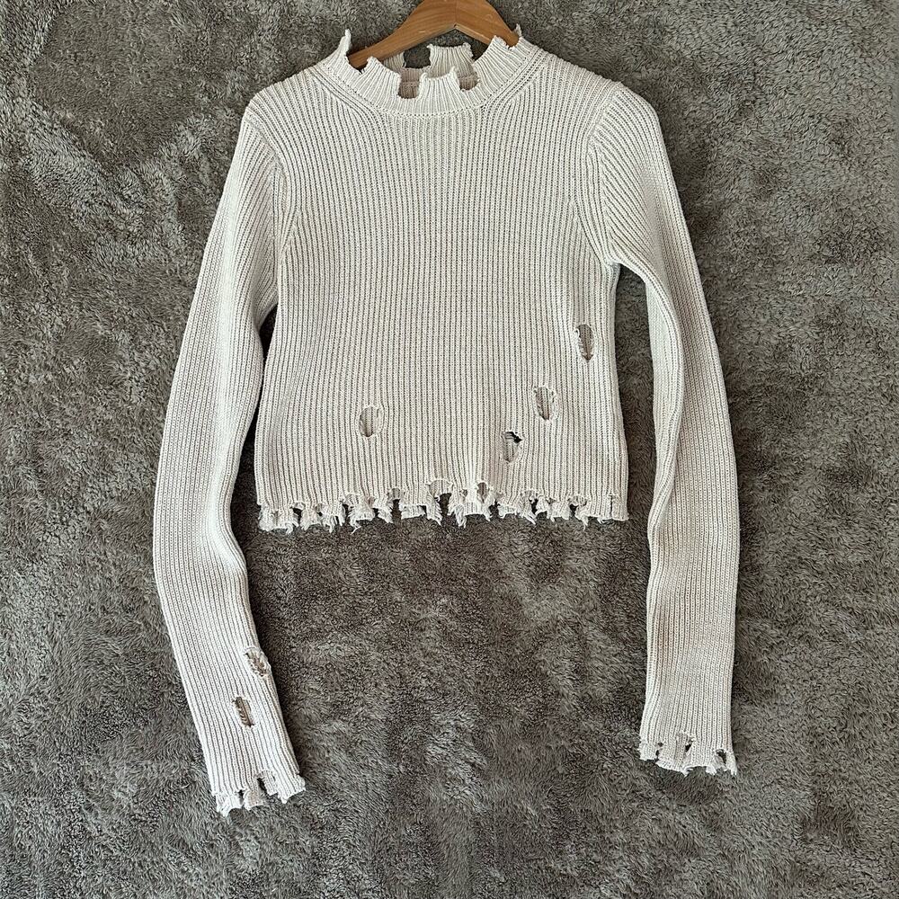 Wild Flower Wool Blend Ribbed Mock Neck Sweater Ripped Distressed XXS Destroyed
